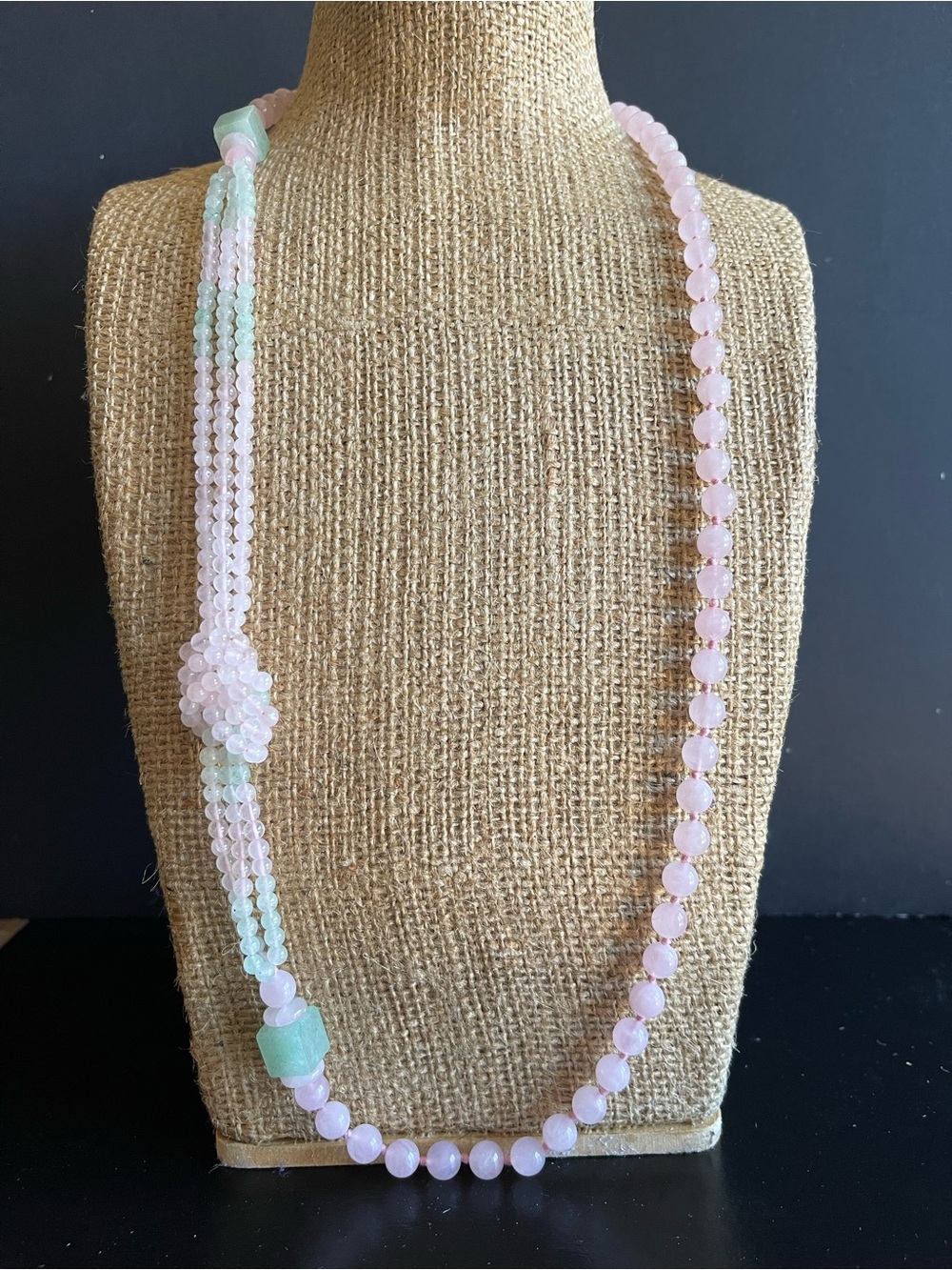 Elegant genuine rose quartz green quartz Beaded Long Necklace.